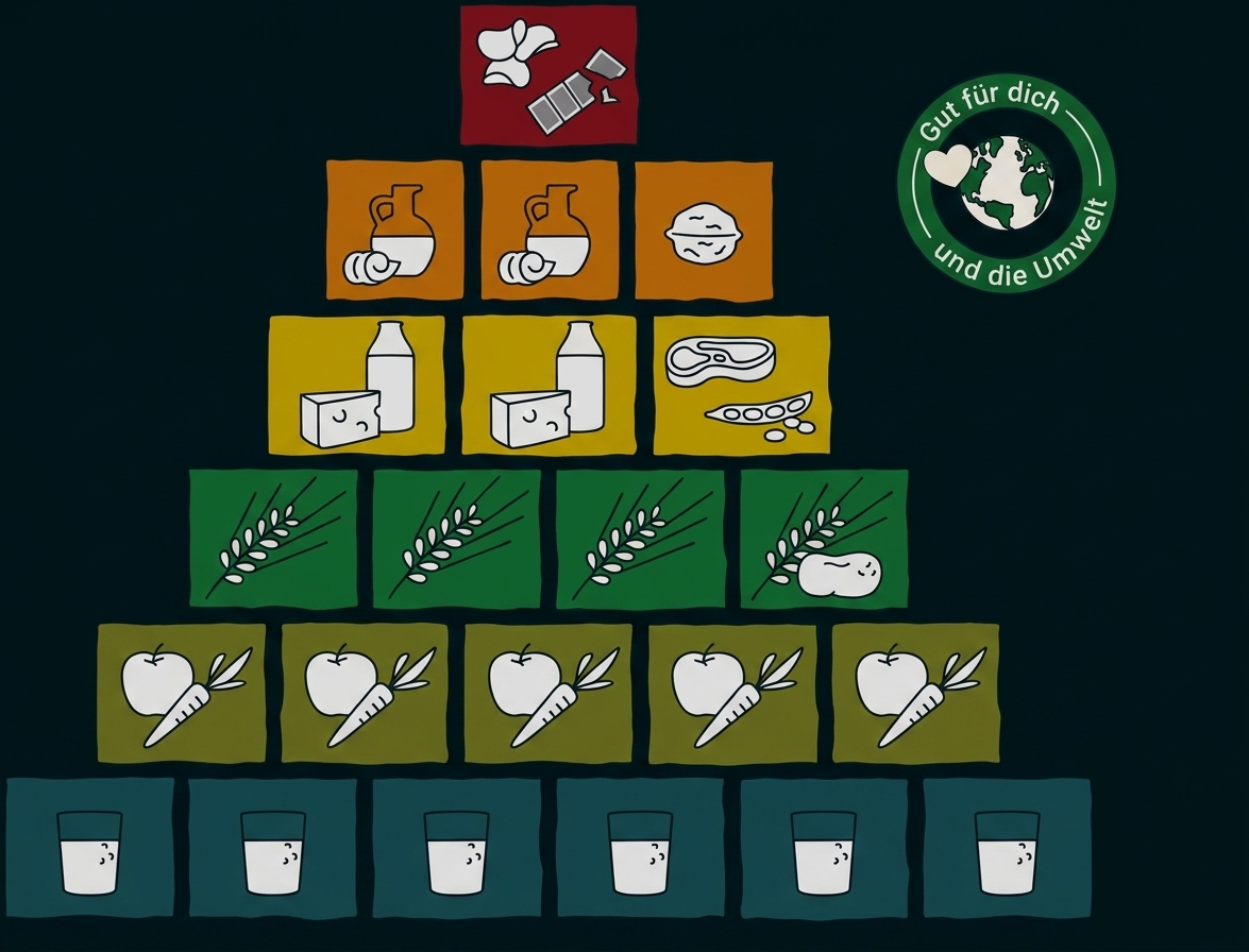 Lebenspyramide: Wasser unten, Obst/Gemüse, Getreide, Milch/Protein, Öle, Süßes oben, mit Umwelt-Logo.